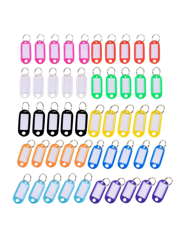 50 Pack Plastic Key Tags with Split Ring and Window, Compact Key Chain Labels (2.0"x0.8") with Paper Insert, Assorted Rainbow Colors ID Name Tags for Home, Car, Office