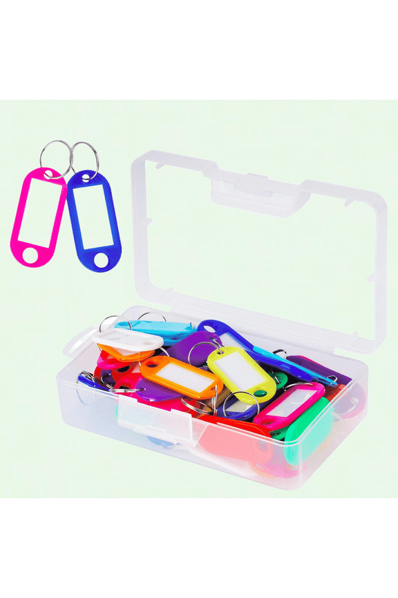 50 Pack Plastic Key Tags with Container, 10 Colors, Label Window and Ring