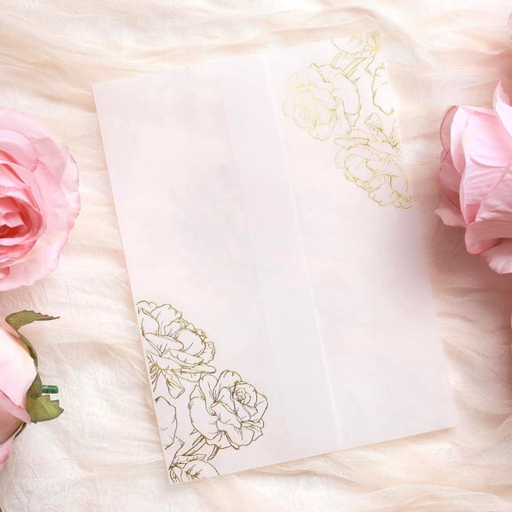 50 Pack Pre-Folded Vellum Jackets for 5x7 Invitations, 130GSM Translucent Paper Wraps, Gold Foil Rose