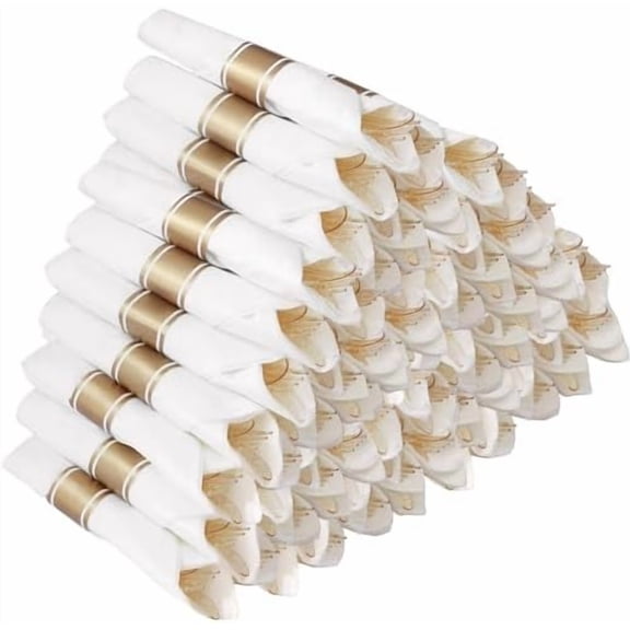 50 Pack Pre Rolled Gold Glitter Plastic Silverware, Wrapped Cutlery Set with Napkin Include 50 Forks, 50 Knives, 50 Spoons and 50 Napkins, Fancy Disposable Silverware for Party, Wedding