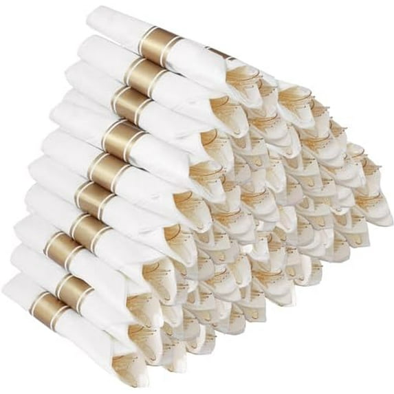 50 Pack Pre Rolled Gold Glitter Plastic Silverware, Wrapped Cutlery Set ...