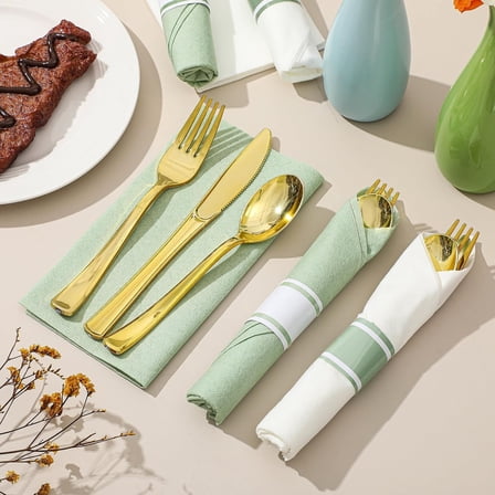50 Pack Pre-Rolled Gold Plastic Cutlery Set with Sage Green and White Napkins for Weddings, Birthdays, and Parties