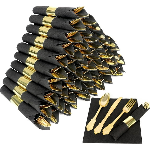 50 Pack Pre Rolled Gold Plastic Silverware Set,Fancy Wrapped Plastic Cutlery Set with Napkin Include 50 Forks,50 Spoons,50 Knives and 50 Black Napkins for Party, Wedding,Christmas