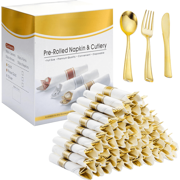 50 Pack Pre Rolled Gold Plastic Silverware Set with Napkins,Disposable Wrapped Heavy Duty Cutlery Set for Wedding Birthday Party-50 Forks,Knives,Spoons,Napkins,Utensils Set,Plasticware Bulk