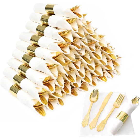 50 Pack Pre Rolled Gold Plastic Silverware Set with Napkins 50 pack Fancy White+Gold