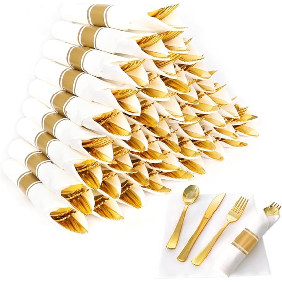 50 Pack Pre Rolled Gold Plastic Silverware Set with Napkins 50 pack gold plastic silverware set