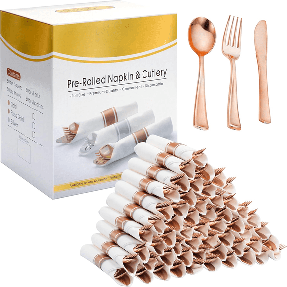 50 Pack Pre Rolled Rose Gold Plastic Silverware Set with Napkins,Disposable Wrapped Heavy Duty Cutlery Set for Wedding Birthday Party-50 Forks,Knives,Spoons,Utensils Set,Plasticware Bulk