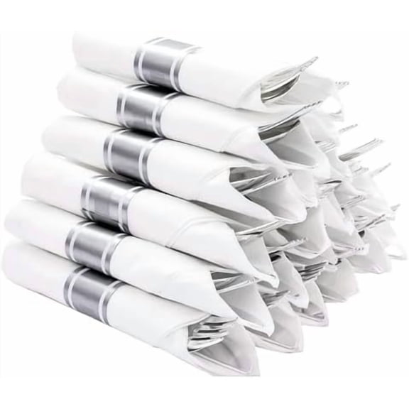 50 Pack Pre Rolled Silver Plastic Cutlery Set, 50 Forks, 50 Knives, 50 Spoons, 50 Napkins, Disposable Cutlery Set for Party and Wedding