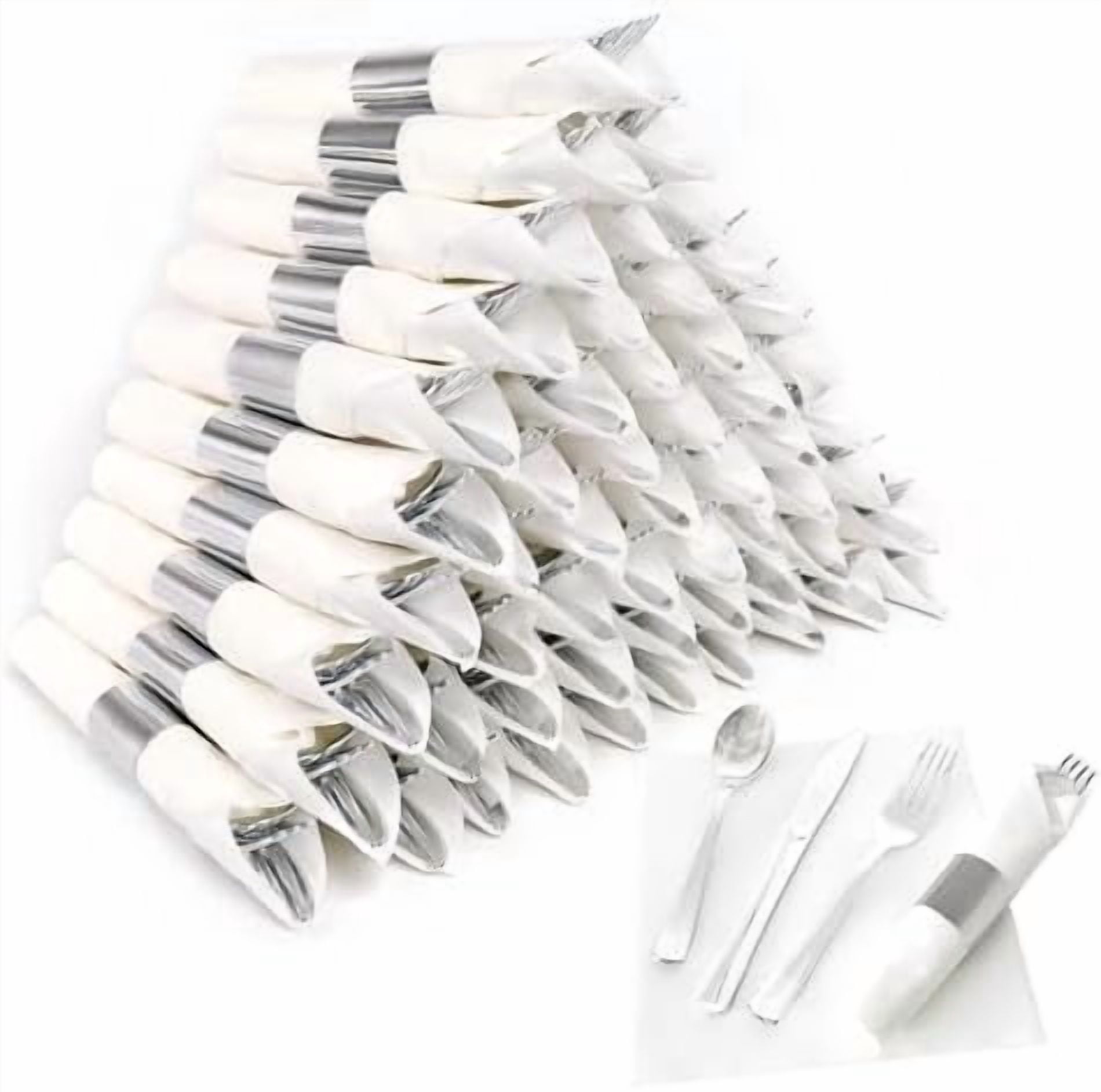 Silverware Pack 50 Pack Pre Rolled Silver Plastic Silverware Set,Wrapped Plastic ...
