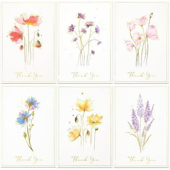 50 Pack Printable Floral Thank You Cards with Envelopes & Stickers for Birthday, Baby Shower,Bridal Shower, Wedding, Graduation, Business. 6 Assorted White Gold Watercolor Floral Design