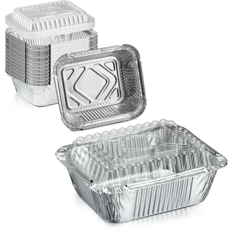 [50 Pack] Rectangular Disposable Aluminum Foil Pan Take Out Food Containers  with Clear Plastic Dome Lids, Steam Table Baking Pans, 16 oz, 1 lb, Pint
