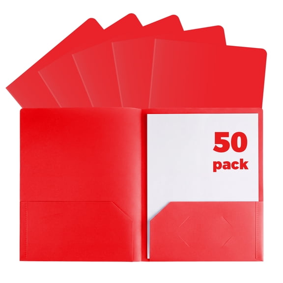 50-Pack Red Plastic Folder with Pockets, Letter Size PP Folders with Business Card Slot, 2 Pocket File Folders, 11.4x9.3 Inch