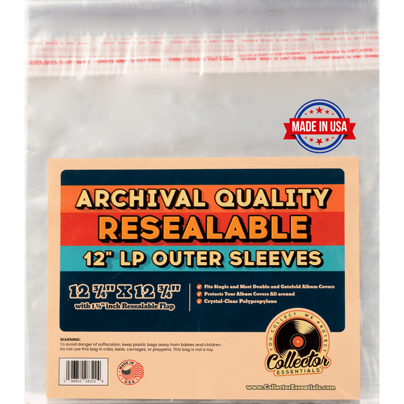 Collector Essentials 50-pack Resealable Storage Sleeves 2 Mil Crystal-Clear Vinyl Record Outer Covers for 12-inch LPs, with Flap
