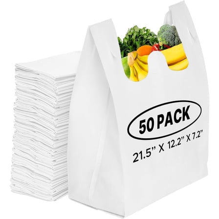 50 Pack Reusable Eco-Friendly Grocery T-Shirt Shopping Bags 21.5"x12.2"x7.2" Durable, Recyclable Washable Foldable Portable Shopping Tote Bags Bulk
