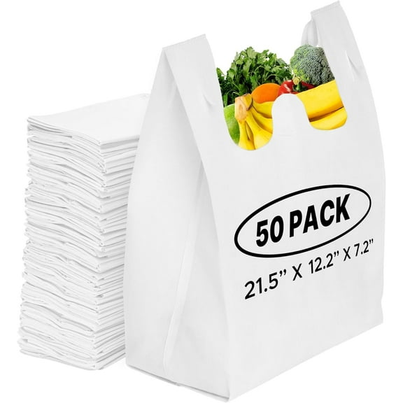 50 Pack Reusable Eco-Friendly Grocery T-Shirt Shopping Bags 21.5"x12.2"x7.2" Durable, Recyclable Washable Foldable Portable Shopping Tote Bags Bulk
