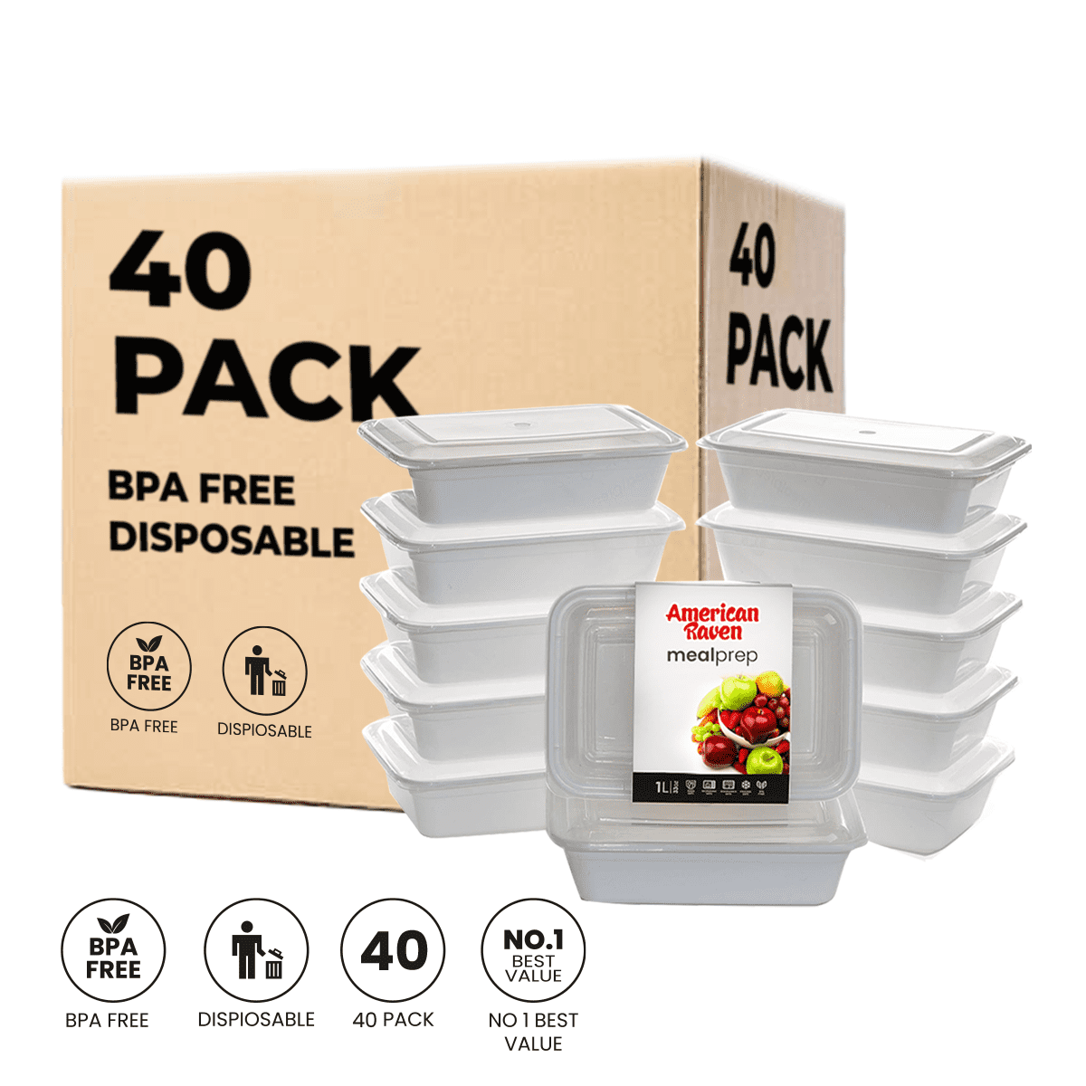 40 Pack Reusable Meal Prep Containers Microwave Safe Food Storage Containers with Lids, 24 oz -1 Compartment Take Out Disposable To Go Plastic Bento Lunch Box BPA Free