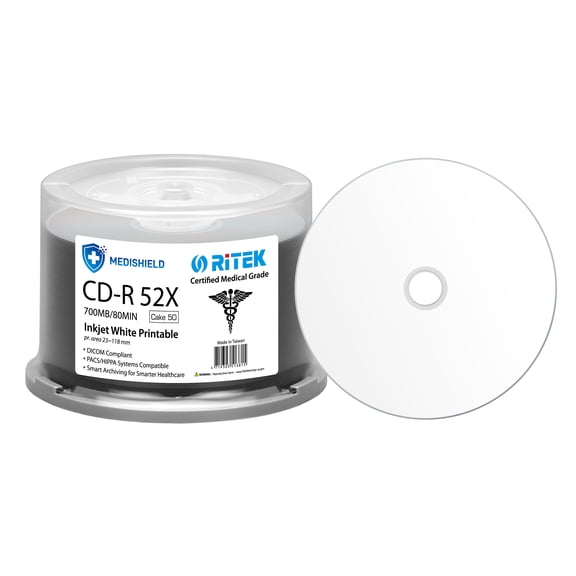 50 Pack Ritek Medishield Medical Grade CD-R 52X 700MB/80Min DICOM Compliant / PACS/Hippa Systems Compatible / Smart Archiving for Smarter Healthcare White Inkjet Hub Printable Blank Recordable Disc