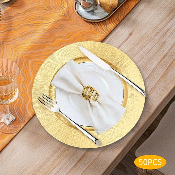 13 Inch Bulk Round Plastic Charger Plates, Embossed Rim & Floral Pattern Reusable Decorative Dinner Plates for Wedding, Party, Table Setting(50, Gold)