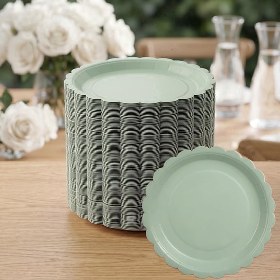 50-Pack Sage Green Dessert Plates - 7 Inch Scalloped Disposable Paper Plates for Weddings, Showers, and Dinners