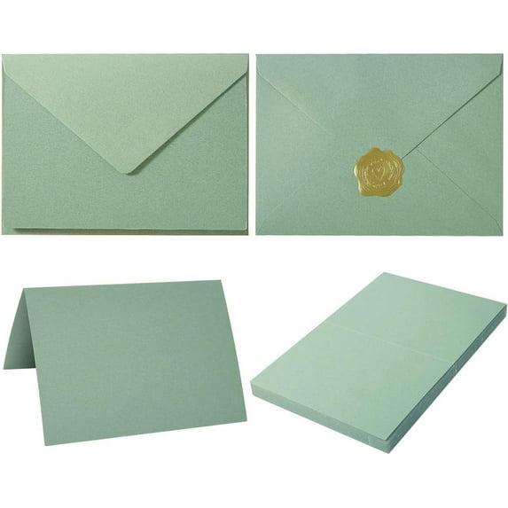 50 Pack Sage-Green Envelopes with Cards 4x6 Thick Folded Cardstock and Gold Stickers for Greeting Cards, Wedding, Birthday, Invitations, Baby Showers