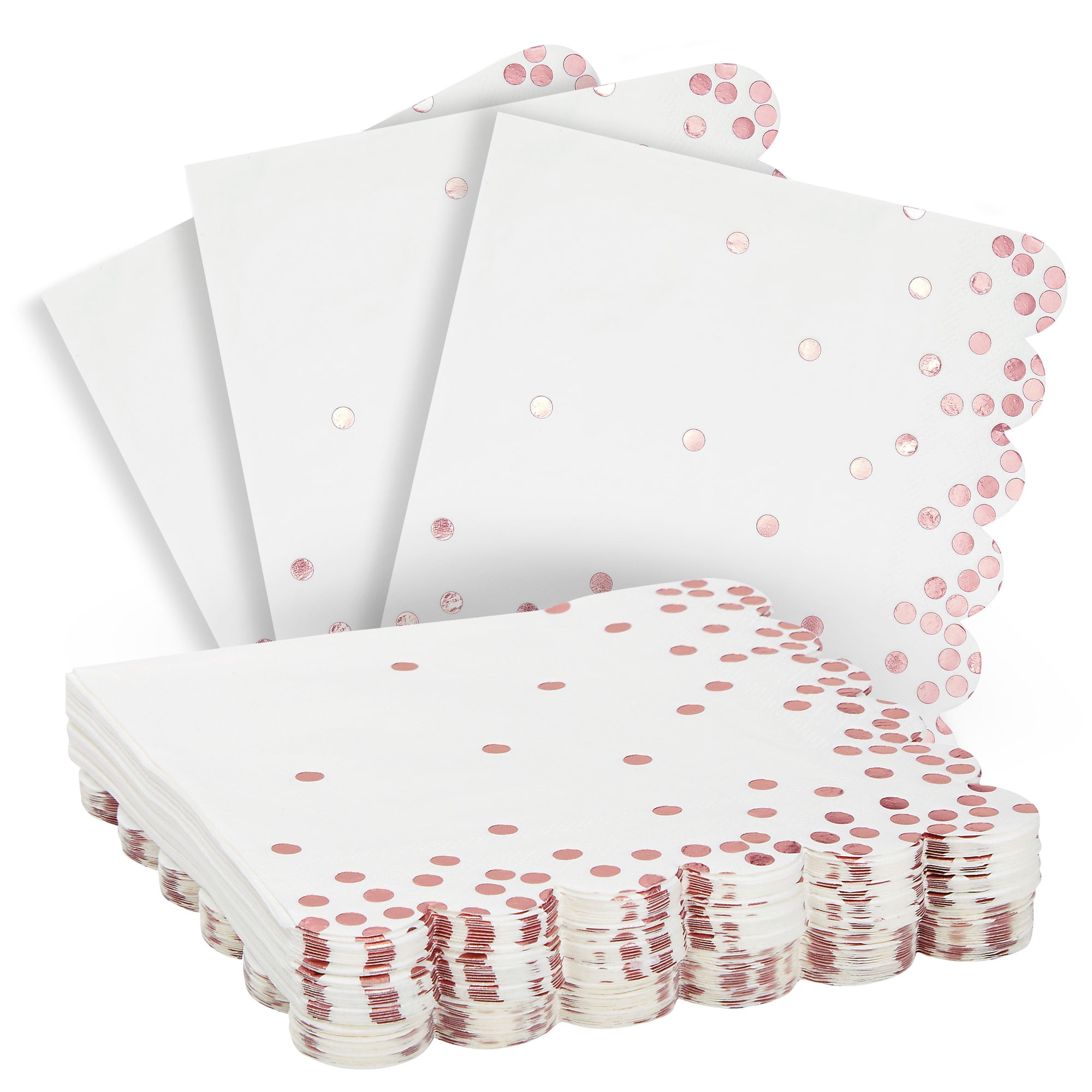 50 Pack Scalloped White \u0026 Rose Gold Napkins for Birthday, Wedding Decorations, Foil Polka Dotted for Holiday Party (3 Ply, 6.3 In)