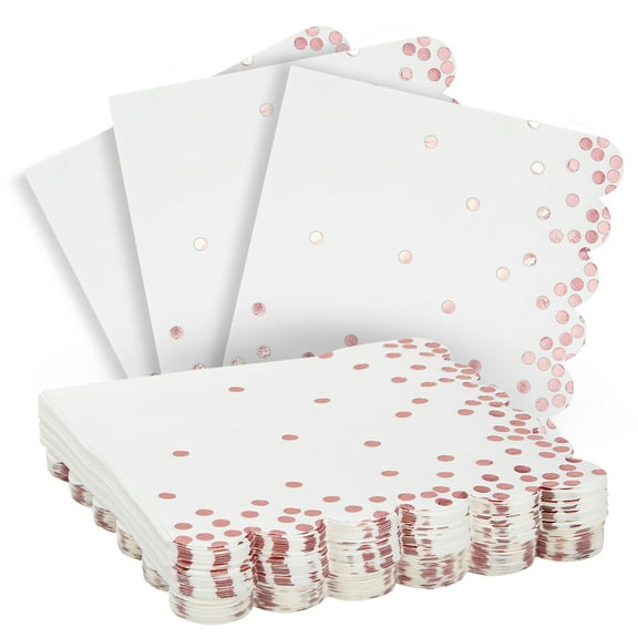 50 Pack Scalloped White & Rose Gold Napkins for Birthday, Wedding Decorations, Foil Polka Dotted for Holiday Party (3 Ply, 6.3 In)