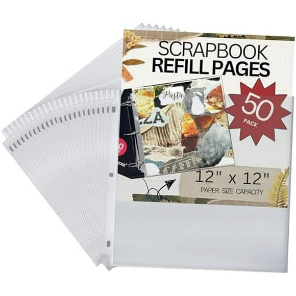 50 Pack of Scrapbook Refill Pages, 12.25" X 12.25" Clear Sheet Protectors for 3 Ring Binder, Plastic Sheet Sleeves, Top Loading Paper Protector, Archival Safe for Documents and Photo