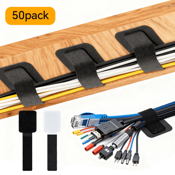 50-Pack Self-Adhesive Cable Ties, Reusable Fastening and Organizing Data Cables, Cable Management Ties, Suitable for Headphones, Mobile Phones, and Electronic Devices Under The Table(Black)