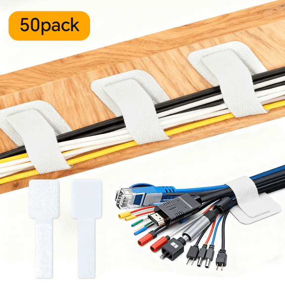50-Pack Self-Adhesive Cable Ties, Reusable Fastening and Organizing Data Cables, Cable Management Ties, Suitable for Headphones, Mobile Phones, and Electronic Devices Under The Table（White）
