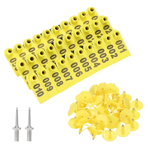 50-Pack Sheep Ear Tags 001-050 Number with 2 Ear Label Needles, Plastic Livestock Ear Tags for Cows/Sheep/Cattle/Pig [Yellow]