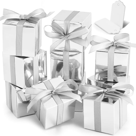 50 Pack Silver Gift Boxes, 2x2x2 inch Gift Box, Small Candy Boxes with Lids and Ribbons, Paper Favor Box for Wedding Bridal Shower Baby Shower Birthday Party