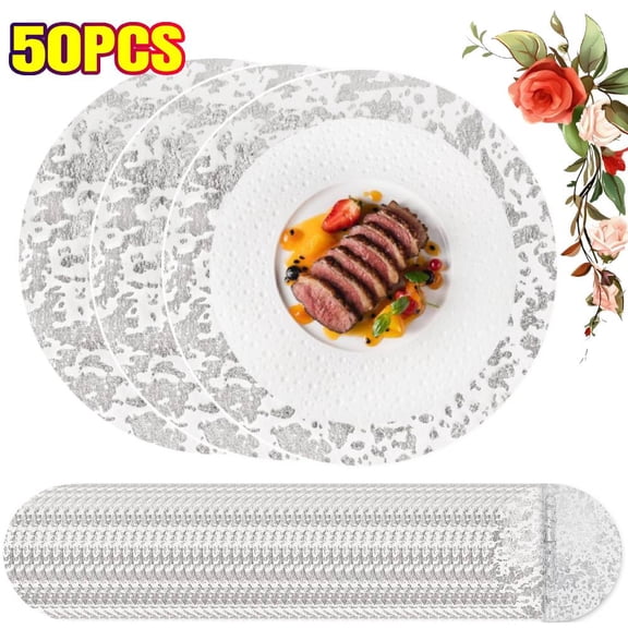 50 Pack Silver Placemats, 13 Inch Disposable Round Foil Table Mats, Metallic Mesh Pressed Table Doilies for Wedding Birthday Party Dining Table Decor