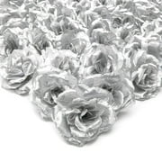 50-Pack Silver Rose Flower Heads for DIY Crafts, Artificial Stemless Roses for Wedding Decorations 3 Inches