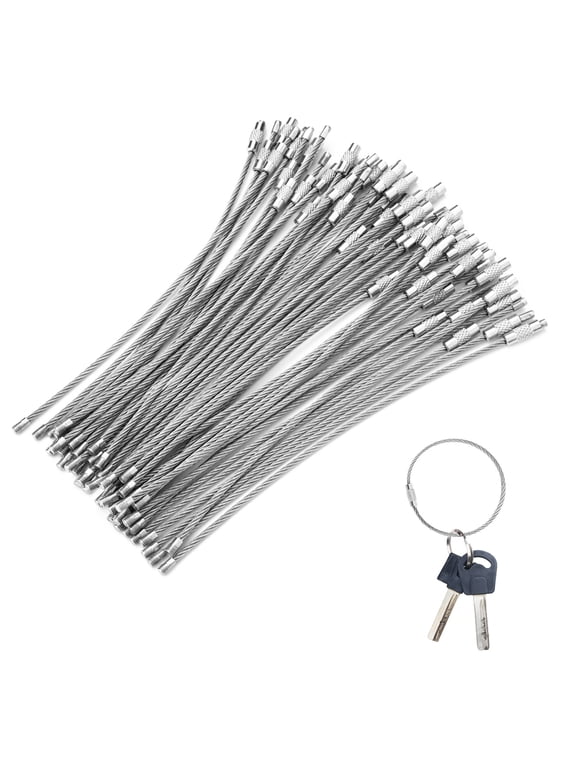 50 Pack Silver Stainless Steel Wire Keychain Cable, 2 mm x 5.9" Large Key Ring Holder with Twist Barrel, Heavy Duty Luggage Tag Loops for Car Bag Dog Charm Collar