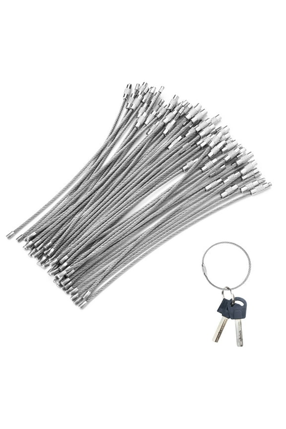 50 Pack Silver Stainless Steel Wire Keychain Cable, 2 mm x 5.9" Large Key Ring Holder with Twist Barrel, Heavy Duty Luggage Tag Loops for Car Bag Dog Charm Collar