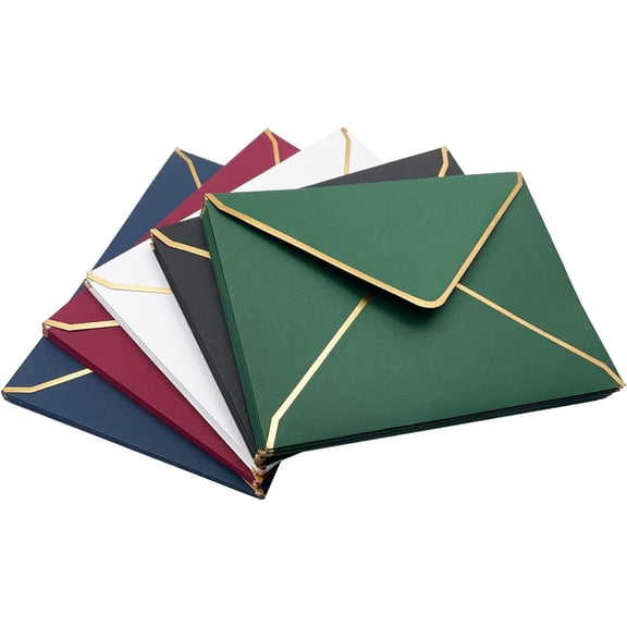50 Pack Size A7 Envelopes, Luxury Invitation Envelopes 5.31 x 7.28 Inch V-Flap Envelopes Quick Seal with Gold Border for 5x7 Cards, Invitations, Weddings, Photos, Graduation