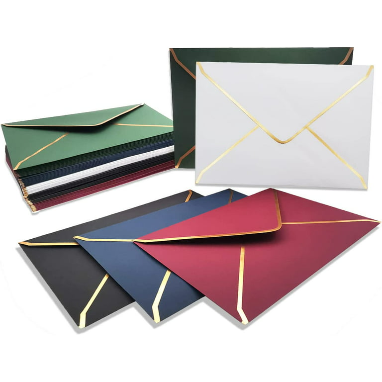 50 Pack Size A7 Envelopes, Luxury Invitation Envelopes 5.31 x 7.28 inch V-Flap Envelopes Quick Seal with Gold Border for 5x7 Cards, Invitations