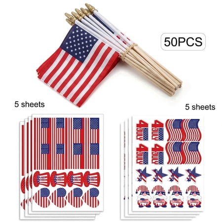 Veterans Day Decorations, 50Pack Mini American Flags on Wooden Sticks with 160 Patriotic Face Stickers for Patriotic Party Favors, Classroom, Sports Games