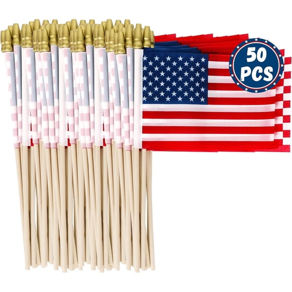 50 Pack Small American Flags on Stick, Hand Held 4th of July Decor, Waterproof Fourth of July Mini Flags on Sticks, July 4th Patriotic Small USA Flag Veterans Day Decorations Gifts Supplies Favors