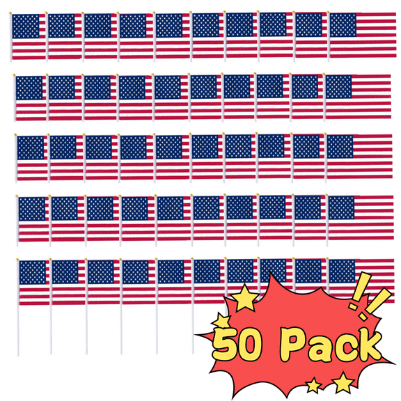 50 Pack Small American Flags on Stick Small US Flags/Mini American Flags for Outside 5.6x8.4 Inch American