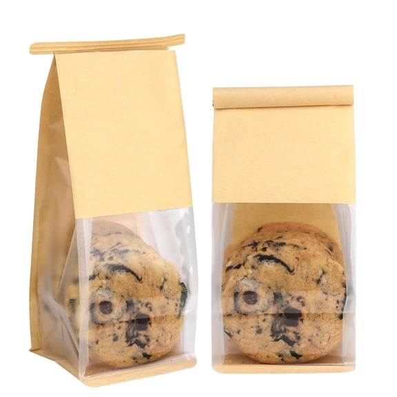 50 Pack Small Bakery Bags with Window,3.9x3.1x8.2 Inches Brown Kraft Paper Bakery Bag with Tin Tie Tab Lock Cookie Bread Bag for Sandwich Cookies Candy