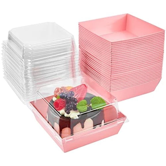 50 Pack Small Charcuterie Boxes with Clear Lids, 4 Inches Paper Bakery Boxes Dessert Boxes Disposable To Go Food Containers for Cookie, Cake Slice, Mini Cake, Chocolate Strawberry (Pink)