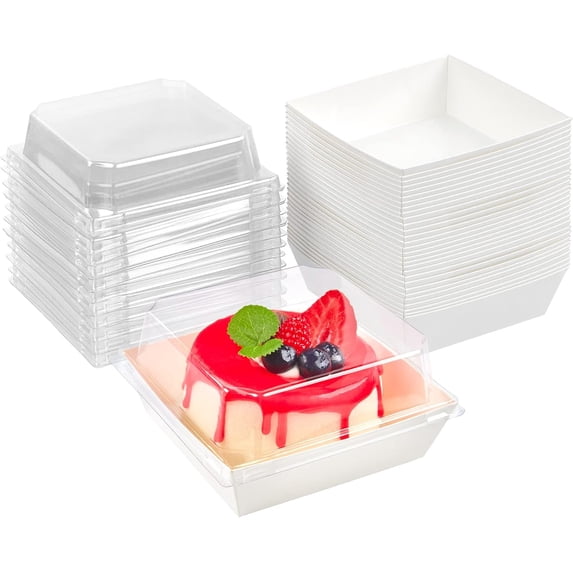 50 Pack Small Charcuterie Boxes with Clear Lids, 4 Inches Paper Bakery Boxes Dessert Boxes Disposable To Go Food Containers for Cookie, Cake Slice, Mini Cake, Chocolate Strawberry (White)