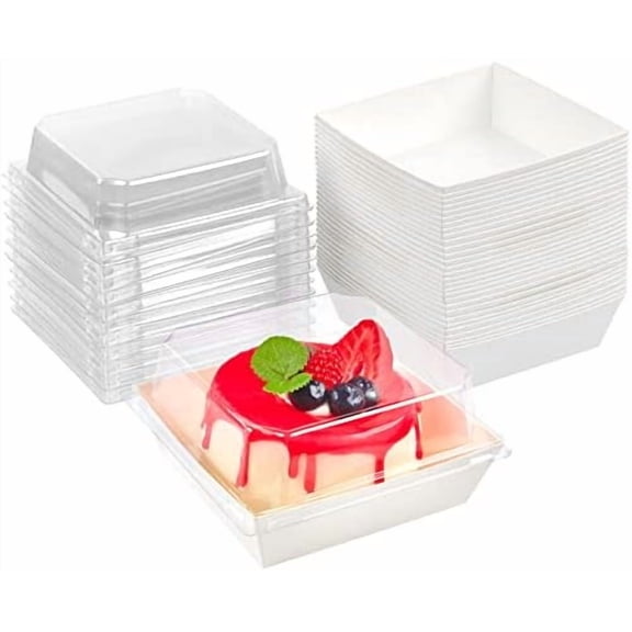 50 Pack Small Charcuterie Boxes with Clear Lids, 4 Inches Paper Bakery Boxes Dessert Boxes Disposable To Go Food Containers for Cookie, Cake Slice, Mini Cake, Chocolate Strawberry (White)
