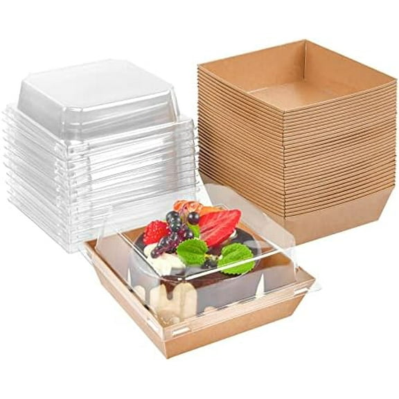 50 Pack Small Charcuterie Boxes with Clear Lids, 4 Inches Paper Bakery Boxes Dessert Boxes Disposable To Go Food Containers for Cookie, Cake Slice, Mini Cake, Chocolate Strawberry (Brown)