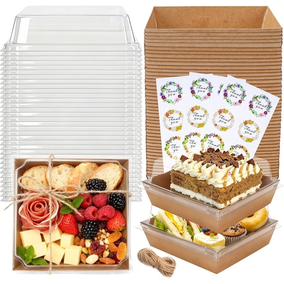 50 Pack Small Charcuterie Boxes with Clear Lids, Brown Paper Boxes 5.3 x 4.9 x 2.5 Inch, Individual Food Boxes with Rope and Stickers for Desserts, Cake Slices, Snacks and Bakery Orders