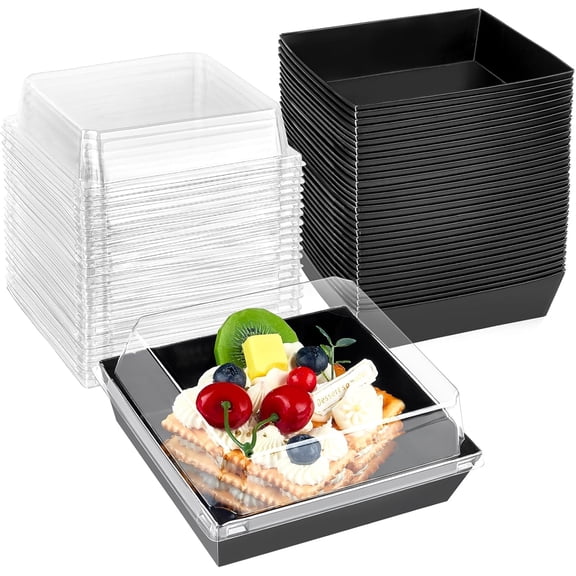 50 Pack Small Charcuterie Boxes with Clear Lids, To Go Paper Dessert Boxes Bakery Boxes, 5 Inches Disposable Food Containers for Cookies, Cupcakes, Slice Cakes, Strawberries (Black)