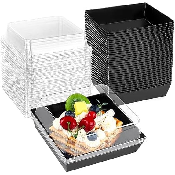 50 Pack Small Charcuterie Boxes with Clear Lids, To Go Paper Dessert Boxes Bakery Boxes, 5 Inches Disposable Food Containers for Cookies, Cupcakes, Slice Cakes, Strawberries (Black)