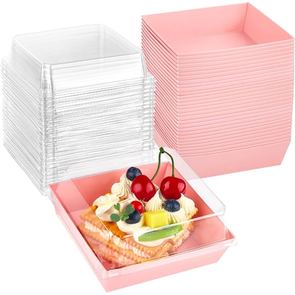 50 Pack Small Charcuterie Boxes with Clear Lids, To Go Paper Dessert Boxes Bakery Boxes, 5 Inches Disposable Food Containers for Cookies, Cupcakes, Slice Cakes, Strawberries (Pink)