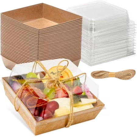 50 Pack Small Charcuterie Boxes with Clear Lids - To Go Paper Mini Charcuterie Box, Disposable Food Containers, 5 Inch Dessert Boxes (Brown)